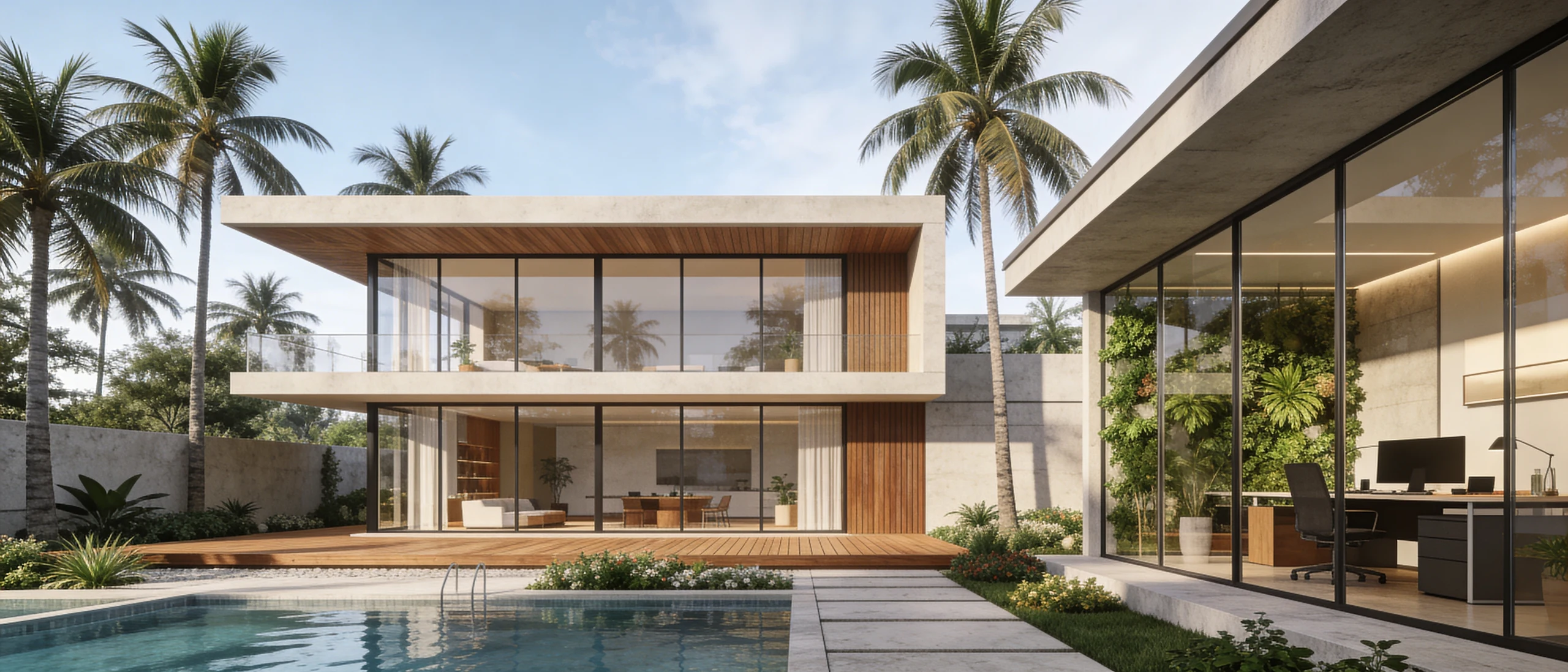 Contemporary Coastal Pavilion Villa with Reflection Pool and Palm Trees